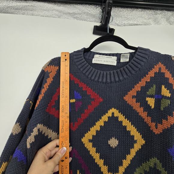 Vtg 90s Y2K Henry Grethel Aztec Sweater Men LG Gray Geometric Dad Grandpa Chunky - Picture 9 of 10